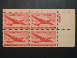1946 Us Scott C32 5 Cent Plate Block Of Four Corner Airplane Air Mail Red photo