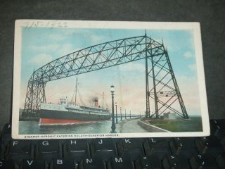 Steamer Huronic Naval Cover Post Card 1922 Duluth - Superior Harbor photo