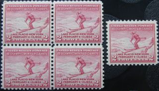 Scott 716 Mh/og Block Of Four Plus A Single 2¢ Olympic Winter Games Issue 1932 photo