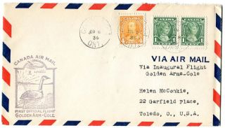 Canadian Air Mail Postal Cover First Flight Golden Arm To Cole Ontario photo