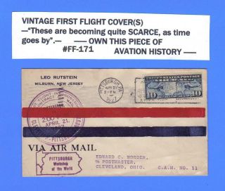 Rare Find 1927 First Flight Cover - Pittsburg,  Pa - Cleveland,  Oh W/backstamp 171 photo
