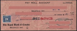 Canada Vandam Fx64 3c Blue Excise Tax Stamp On Cheque photo