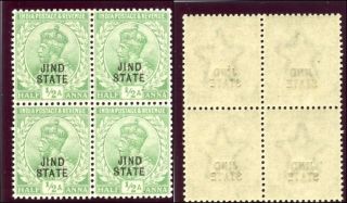 India - Jind 1914 Kgv ½a Light Green Block Of Four.  Sg 65.  Sc 89. photo