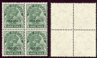 India - Jind 1932 Kgv 9p Deep Green Litho Ptg Block Of Four.  Sg 86.  Sc 110. photo