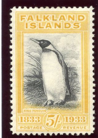 Falkland Islands 1933 Centenary Kgv 5s Black & Yellow Mlh.  Sg 136.  Sc 74. photo