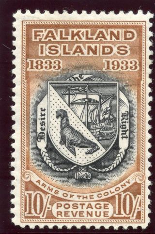 Falkland Islands 1933 Centenary Kgv 10s Black & Chestnut Mlh.  Sg 137.  Sc 75. photo
