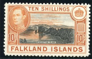 Falkland Islands 1949 Kgvi 10s Black & Red - Orange (greyish Paper).  Sg 162b. photo