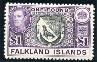 Falkland Islands 1938 Ptg Kgvi £1 Black & Violet.  Sg 163 Var.  Heijtz 93b. photo