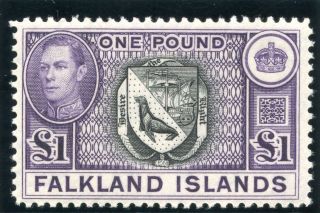 Falkland Islands 1949 Ptg Kgvi £1 Black & Violet.  Sg 163 Var.  Heijtz 93d. photo