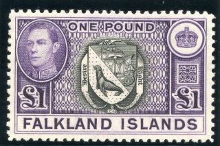 Falkland Islands 1949 Ptg Kgvi £1 Black & Violet Mlh.  Sg 163 Var.  Heijtz 93d. photo