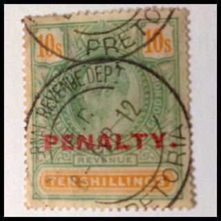 Cogh - 1910 - 36 10/ - Green & Orange & Vfu Duty Stamp With Fine Penaltypretoria Cds photo