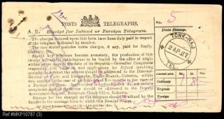 India 1927 Receipt For Ordinary Telegram Inland / Foreign Tied Tonk Raj Postmark photo