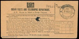 India 1929 Ordinary Inlaand Telegram Receipt Tied By Khengrapati Calcutta Pmk photo