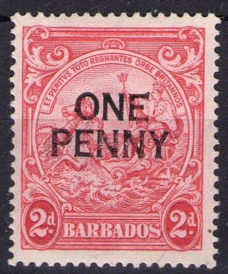 Barbados Rare Cv £100 Sg 21a Penny Overprint Full Gum Light Hinge Mark photo