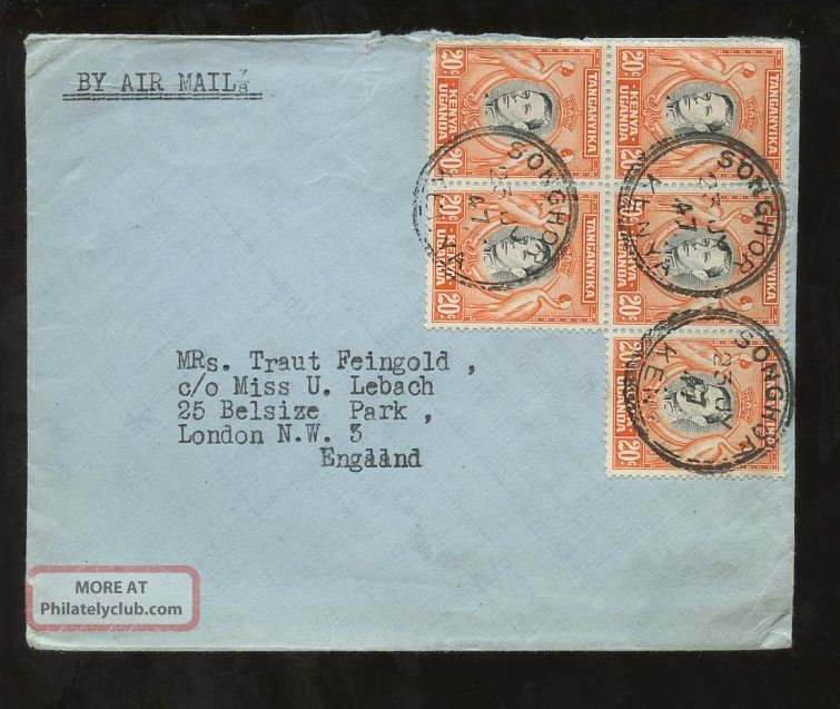 Kenya 1947 Kg6 20c Block Of 5 To Gb. . .  Fine Clear Postmarks Songhor British Colonies & Territories photo