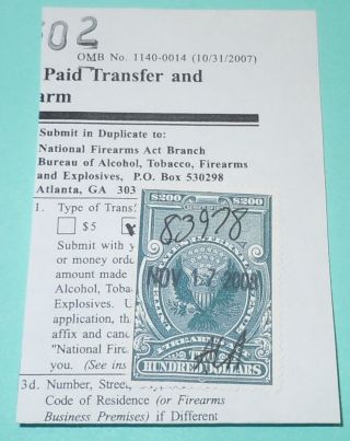Us $200 Firearms Transfer Tax Stamp,  Atf Nfa National Firearms Act - Rare,  Nr photo