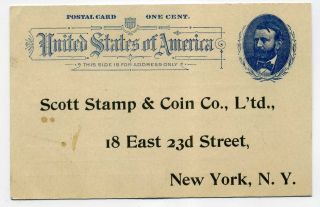Postal Card,  Ux11,  1c Grant,  Preprinted Scott Stamp & Co,  Ny photo