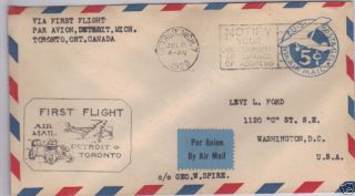 First Flight Cover Detroit To Toronto,  Canada 7/15/1929 photo