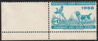 Scarce 1958 Nebraska Pheasant & Quail Stamp - Unsigned - Npq4 - Habitat Rarest Key photo