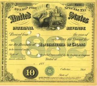 1882 $10 Manufacture Cigar Document Irs Tax Stamp Tobacco History Certificate photo