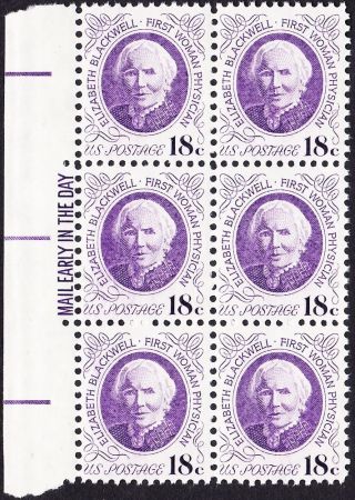 Us - 1974 - 18 Cents Violet Physician Elizabeth Blackwell 1399 Mail Early Block photo