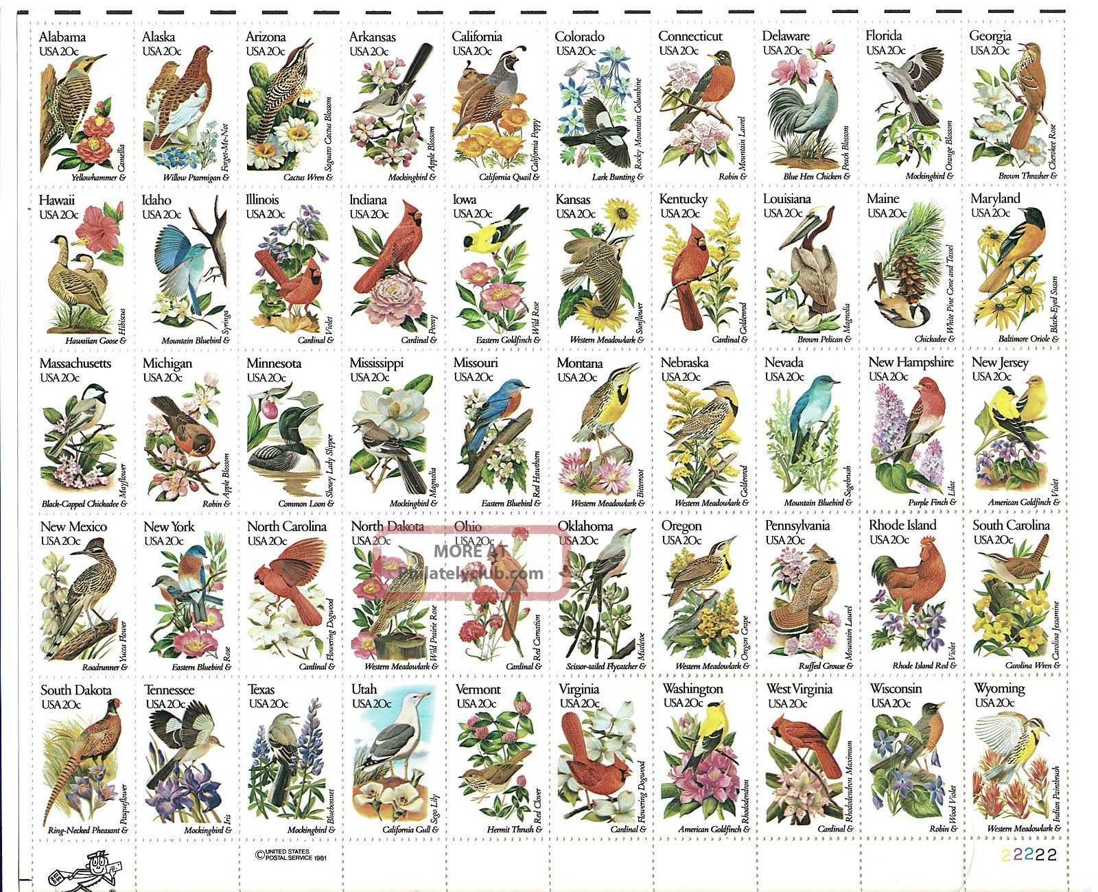 State Birds And Flowers Usa Full Sheet Scott 1953 - 2002