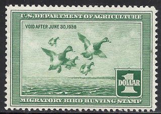Scott Rw4 Mlhog Fine+ - 1937 $1 Light Green - Federal Duck Stamp photo