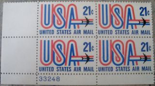 Usa With Jet 21 Cent Type Air Mail Numbered Plate Block Of 4 Scott ' S C81 photo