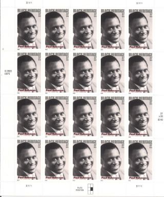 3834 37c Paul Robeson,  Sheet Of 20,  Never Hinged photo