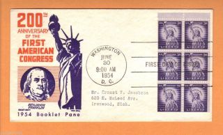 1954 Statue Of Liberty 6 Stamp 3c Booklet Pane 1035a Ken Boll Fdc Ben Franklin photo