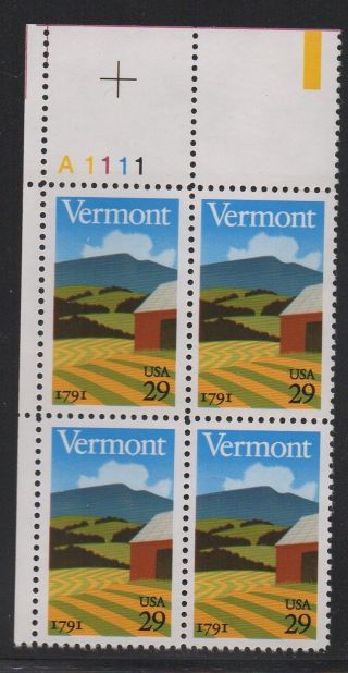 Us Plate Block Scott 2533 29c Vermont Statehood - F/vf 1991 photo