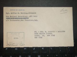 Apo 9403 Censored Wwii Army Cover 6th Medical Laboratory photo
