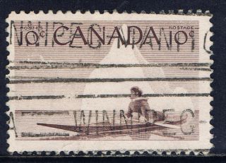 Canada 351 (7) 1955 10 Cent Violet Brown Inuk & Kayak Winnipeg Man Bar Cancel photo