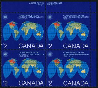Canada 977 Top Right Plate Block Map,  Globe,  Commonwealth Day photo