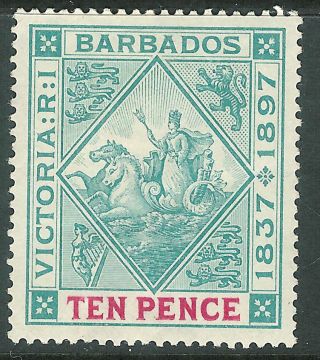 Barbados 1897 Diamond Jubilee Blue - Green/carmine 10d Sg123 photo