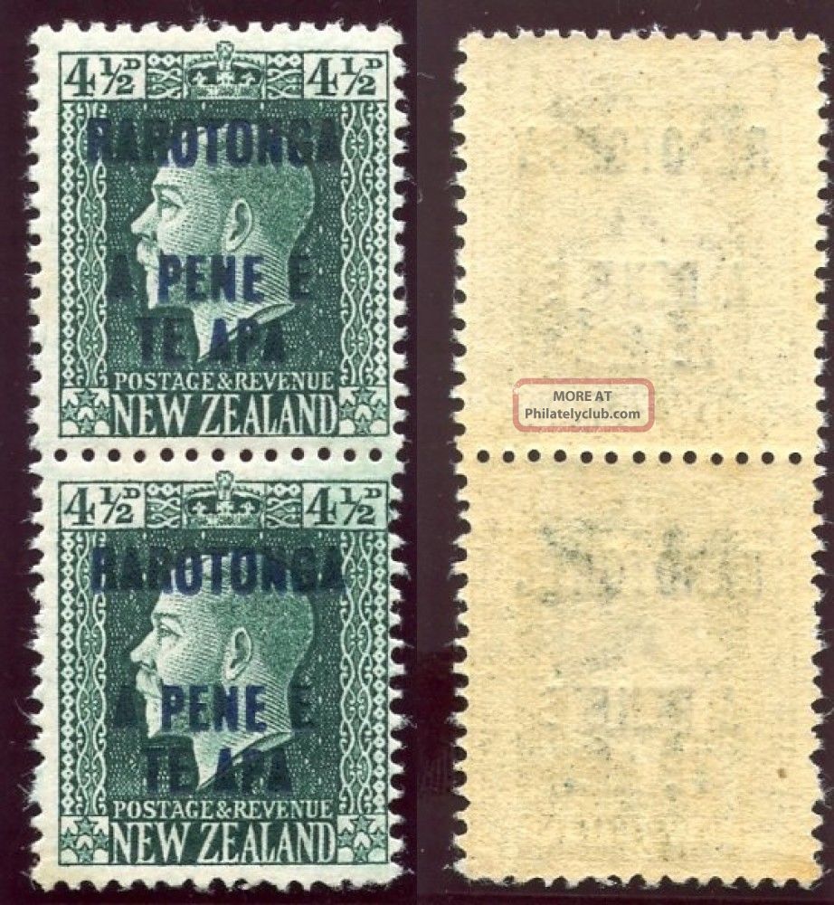 Cook Islands 1919 Kgv 4½d Deep Green Vertical Pair Mlh.  Sg 51b. British Colonies & Territories photo