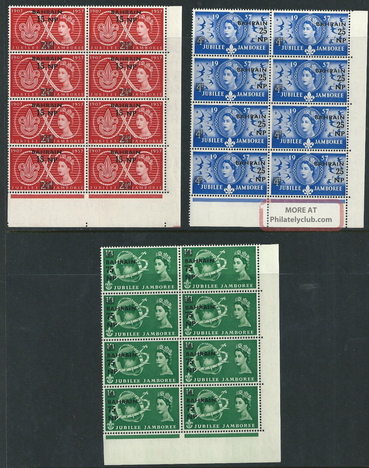 1957 Bahrain,  British Postal Agencies/world Scount Jubile,  3 Blcoks/sg113 - 115 British Colonies & Territories photo