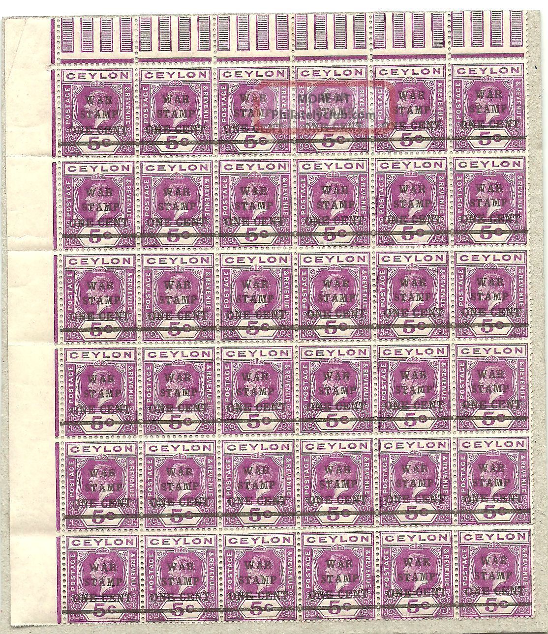 Ceylon Sg336 The 1918 - 9 One Cent On 5c War Stamp In A Block Of 36 C.  £117+ British Colonies & Territories photo