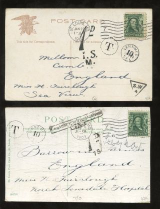 Postage Due Gb 1909 Barrow In Furness. . .  Usa Ppcs Address Contrary Regs. . .  2 Cards photo