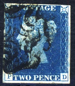 Gb Qv Two Pence Deep Blue 1840 Plate 2 Pd Black Maltese Cross Sg 5 Ds8 Vfu photo