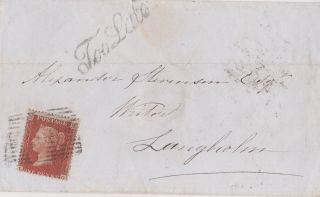 Qv Cover 1d Penny Red Stamp 1855 With Fancy Scroll Too Late Cancel To Langholm photo
