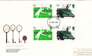 (24833) Gb Fdc Gutter Pairs Racket Sports 10p 8.  5p - London Wc 12 January 1977 photo