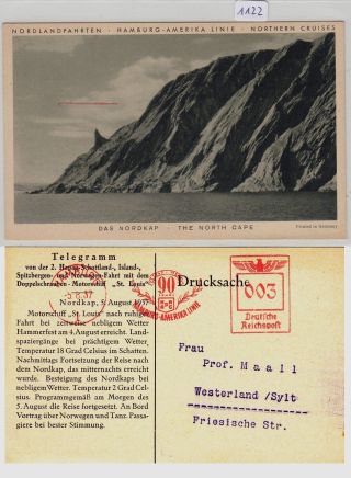 1132,  Postcard Norkap Hapag Lolyd With Meter In 1937 photo
