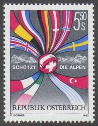Austria 1992 Stamp - Alpine Protection Campaign (flags Alps) photo