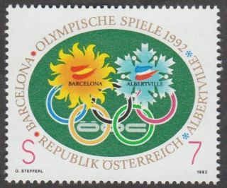 Austria 1992 Stamp - Olympic Games Albertville Barcelona (emblem And Rings) photo