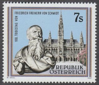 Austria 1991 Stamp - Architect Friedrich Von Schmidt Vienna Town Hall photo