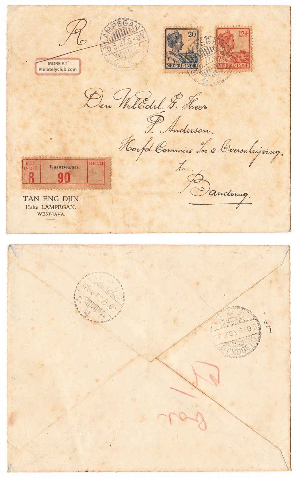 Poststempel Lampegan 20.  5.  27 Indonesia Postal History In Nederlandsch Indie. Europe photo