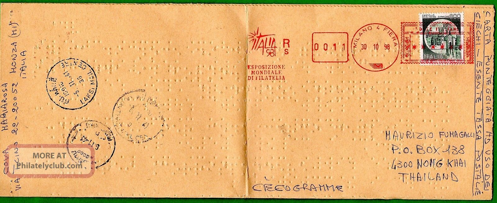 Italy - Cover Racc.  Written In Braille With 600 Lire Castles Per Thailand Europe photo