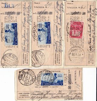 Italy Somalia 4 Docs Stamped Money Order Military 1930s.  Sg 173 & 227.  Last 4 Vf photo