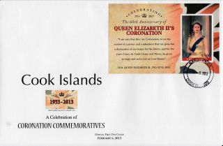 Cook Islands 2013 Fdc Queen Elizabeth Ii Coronation 60th Anniv 1v Sheet Cover photo